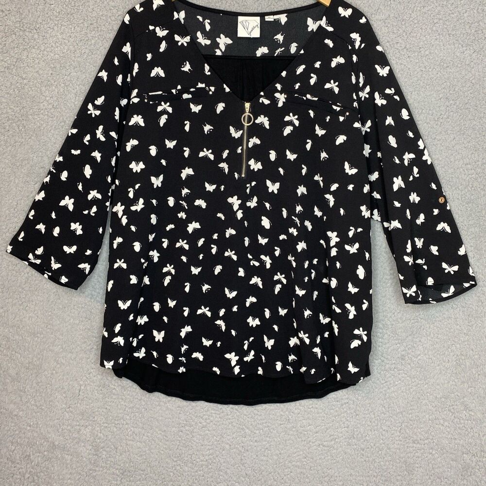 Janet Chung Butterfly 3XL Fairy Black White Roll tab Stretch Tunic Top Gold